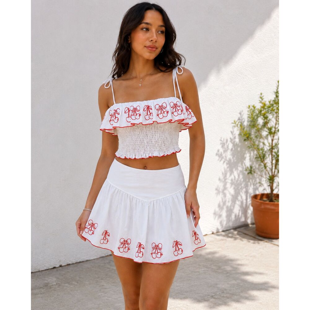 Thirty Thirty LA Cherry Embroidered 2 Piece Set Smocked Top Skirt L NWT